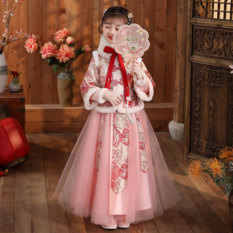 Hanfu-귀여운 어린이 사진 크리스마스 드레스 여아용, 빈티지 디자인, 레트로 빈티지 키즈 새해 코스프레 의상, 가을 겨울