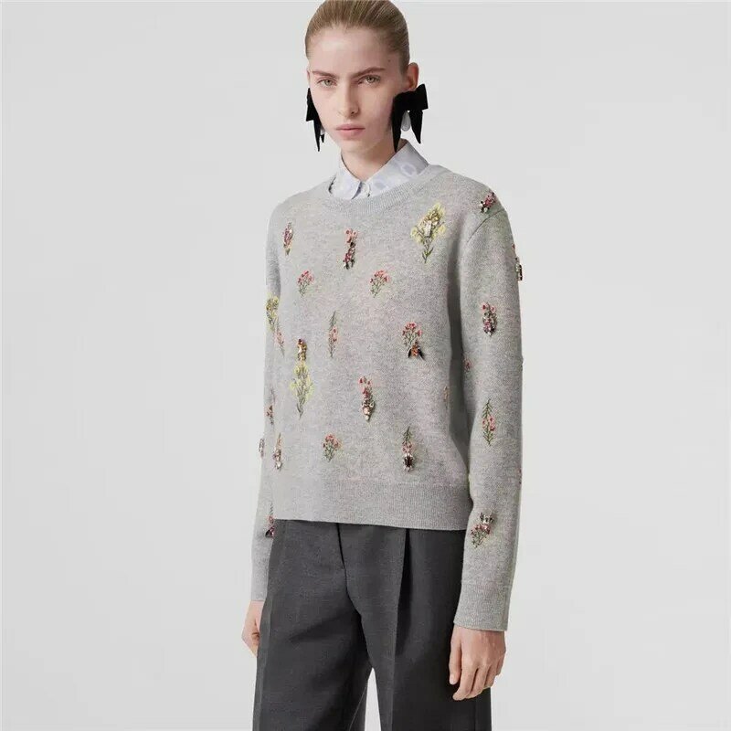 Embroidery Wool knit Pullovers Women Sweater Cashmere Diamond Bead Flower O Neck Runway Autumn Winter High Quality Knitwear X500