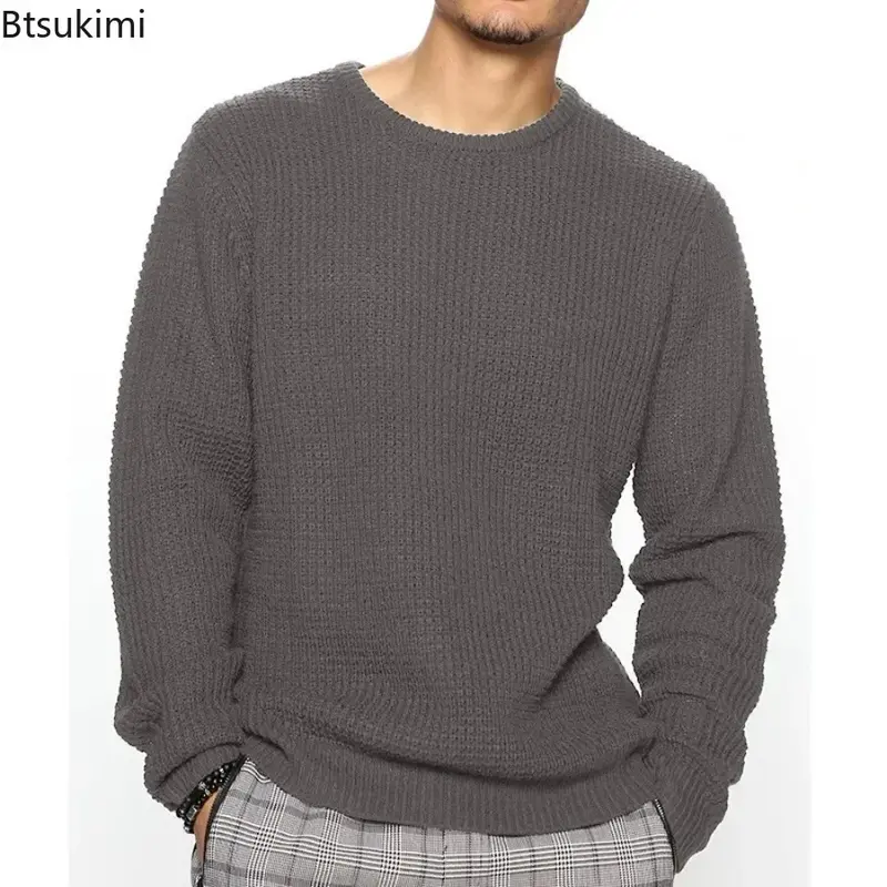Sweater rajut pria, atasan Sweater rajutan warna polos longgar Pullover lengan panjang leher bulat baru 2024