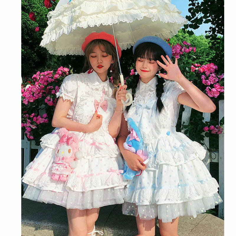 Summer Lolita JSK Dress Sweet Lolita Strap Dresses Lolita Cute Sweet Love Polka Dot Soft Girl Soft High Waist Ruffle Dress