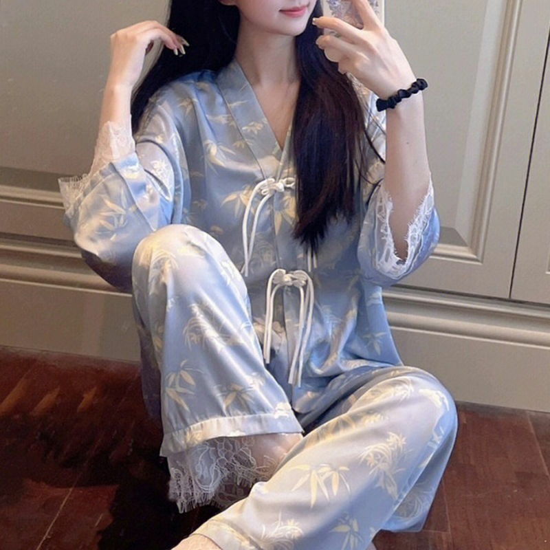 Jedwabne piżamy damskie zestawy piżam z długim rękawem spodnie Loungewear zapinany na guzik koronkowe wykończenie w koreańskim stylu szykowny nadruki bielizna nocna nowe