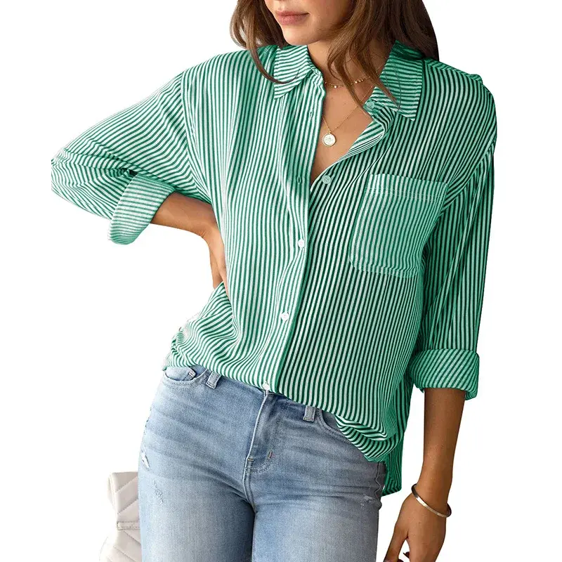 Damen Bluse Streifen Hemd Patch Pocket Top Herbst locker entspannt Büro Dame Langarm Hemd Hemden & Blusen Camisas