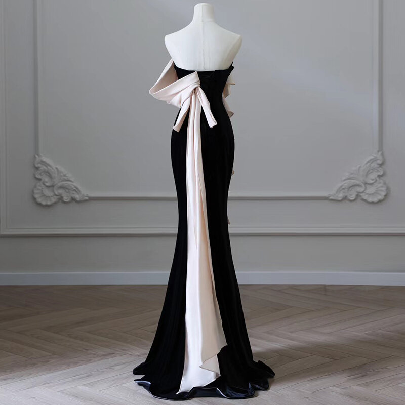Women's Black Flower Formal Sleeveless Prom Dresses Strapless Slim Fit Long Floor Length Dress Host Evening Fishtail Dress