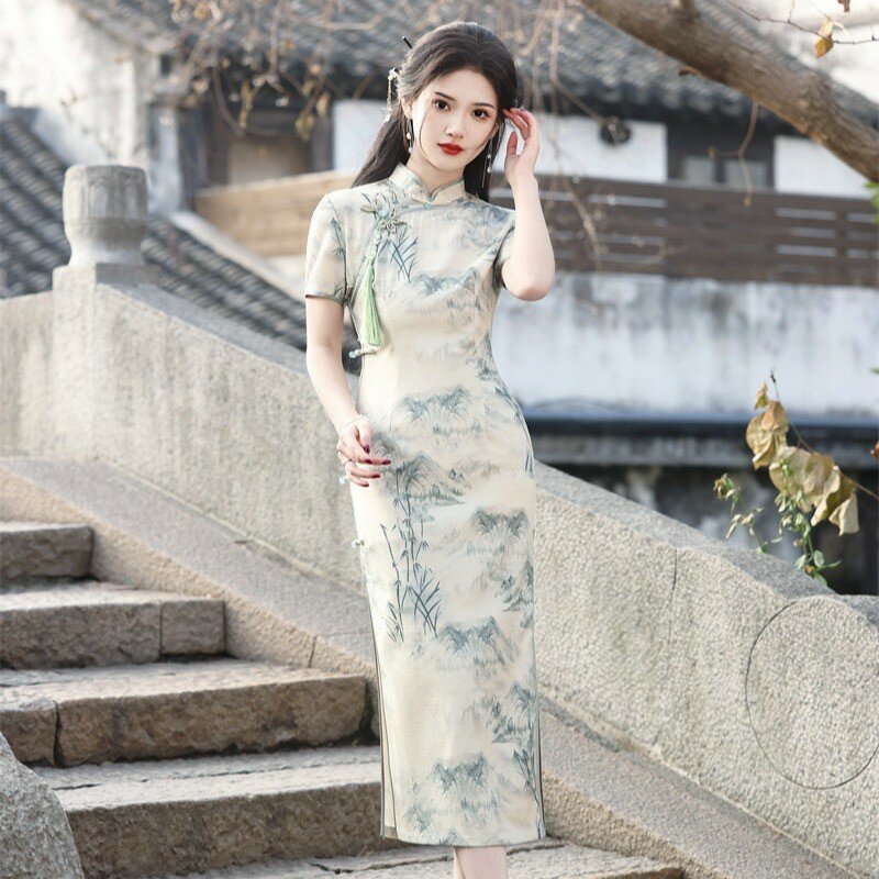 Pintura feminina com tinta para lavagem Qipao Cheongsam, vestido manga curta para menina, elegante vestido de festa, estilo retrô, novo, 2022