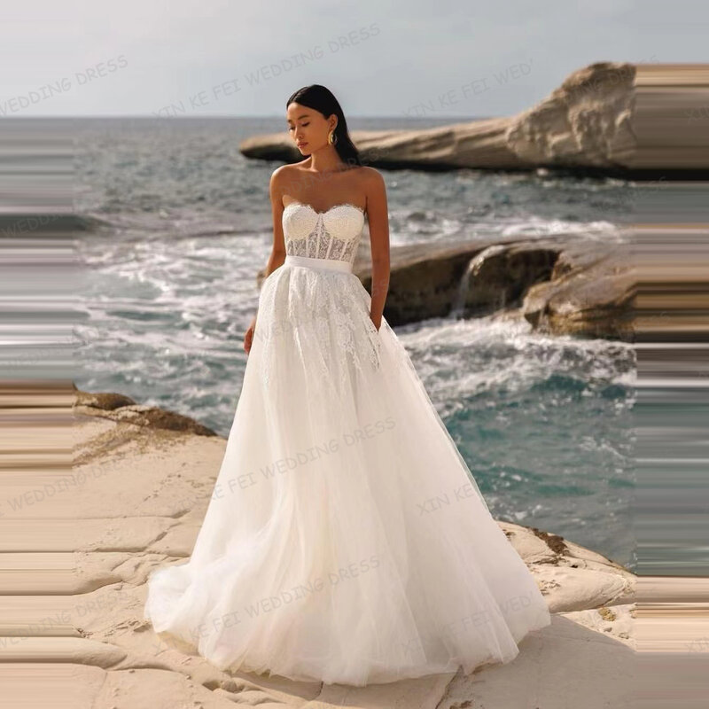 2024 luksusowe suknie ślubne damskie seksowne koronkowe aplikacje bez rękawów bez pleców tiulowe Sweep Train suknie ślubne Vestidos Novia