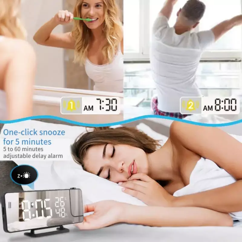 Цифровой зеркальный проекционный будильник с дисплеем температуры и влажности, электронный проектор часов, FM-радио