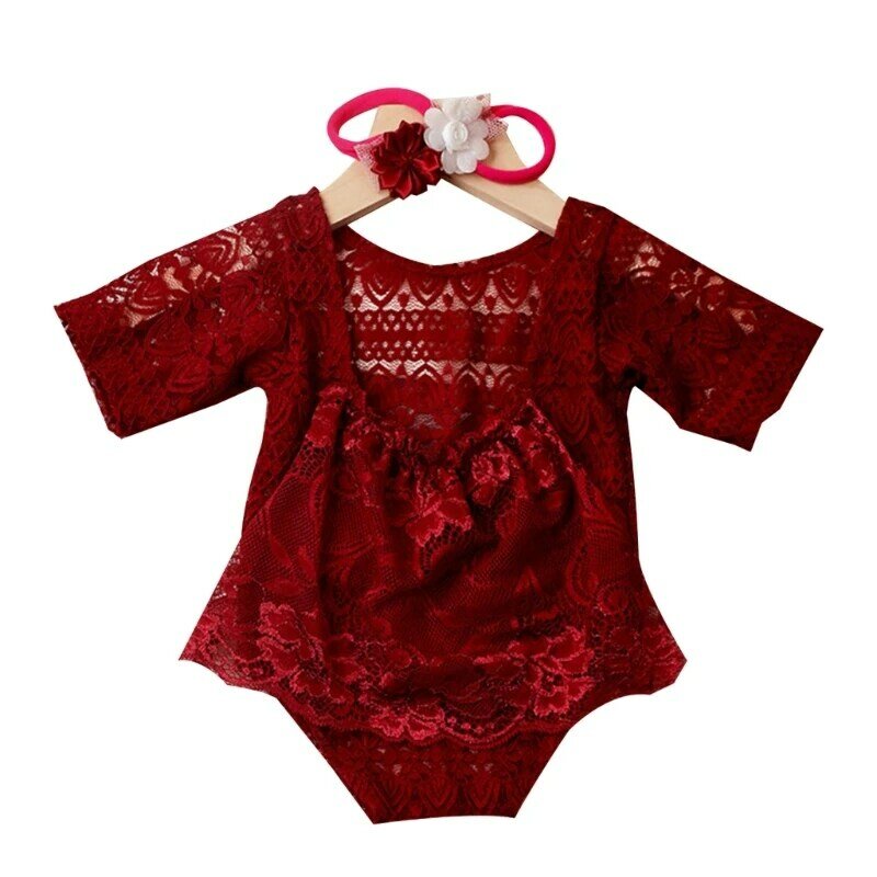 K1MA Baby Lace Romper Headpiece Photoshoot Costume Posing Wear 0-1M Infant Photo Suit