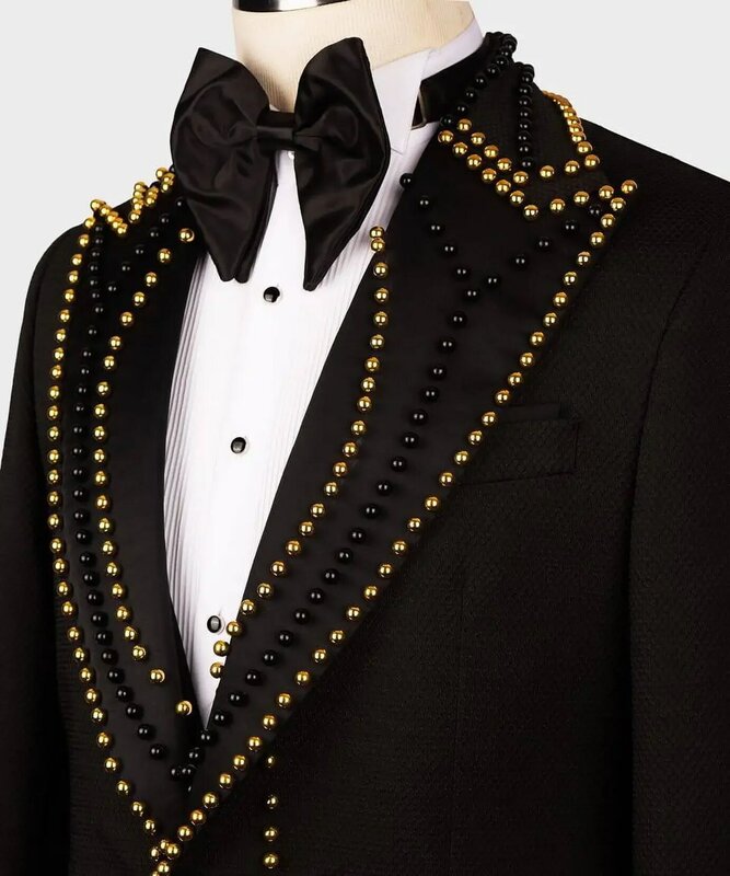 Traje con perlas negras para hombre, conjunto de 2 piezas, Blazer y pantalón, esmoquin de boda para novio, abrigo de botonadura única, chaqueta de graduación hecha a medida
