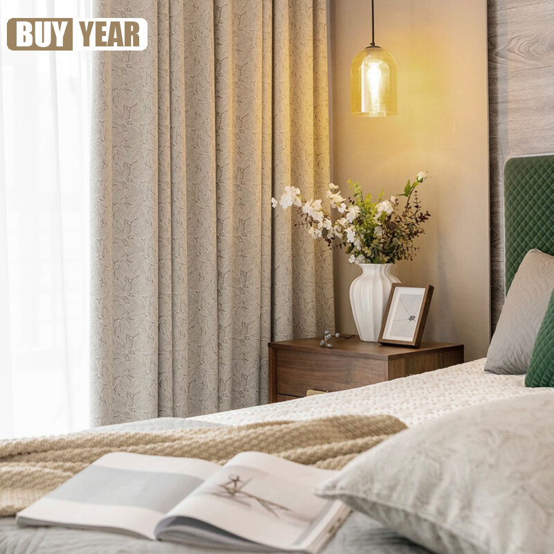 Cortina de tela Jacquard personalizada, estilo Pastoral francés, encaje de hojas, Color sólido, para sala de estar, comedor y dormitorio