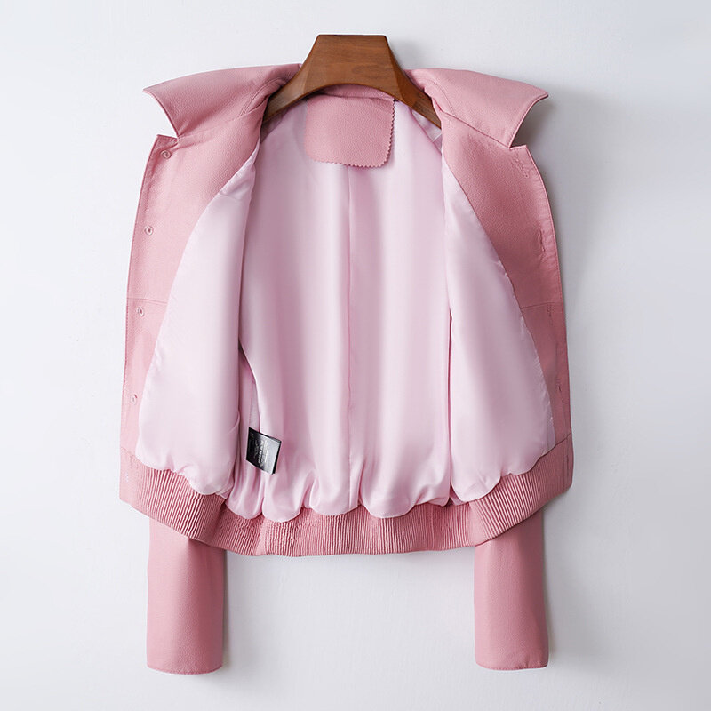 Jaqueta de couro genuíno para mulheres, jaqueta de pele de carneiro pequena padrão artesanal de lichia elegante francesa, nova, outono, 2024
