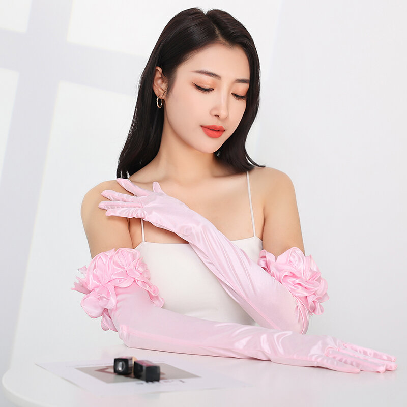 Guantes elásticos de satén rosa para mujer, manoplas largas con encaje de flores, estilo Retro, ideal para vestido de novia y baile de banquetes, 55CM