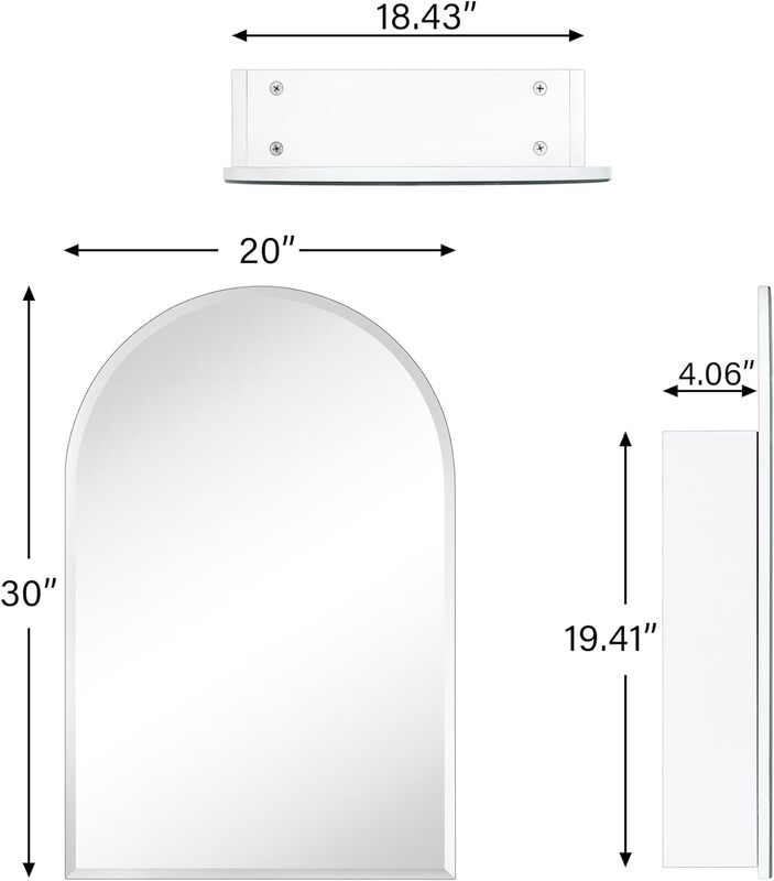흰색 프레임리스 아치 의학 캐비닛, 거울 리세스 및 표면 장착 캐비닛, 욕실용 거울, 30 인치 H x 20 인치 W