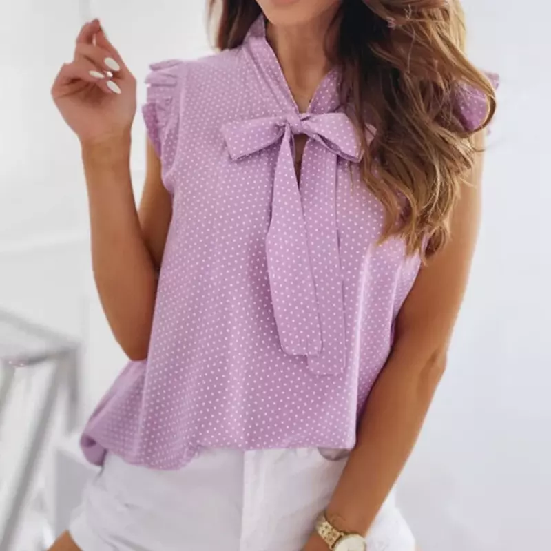 Women Blouses Butterfly Short Sleeves Shirt  Summer Bow Lace Up Polka Dot Female Tops Ruffle Pullover Vintage Blusa