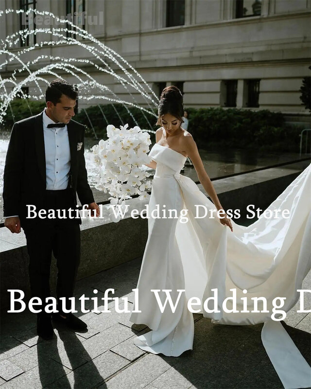 女性のための白い結婚式のドレス,取り外し可能なトレイン,人魚のライン,プレーン,純粋なサテン,床の長さ
