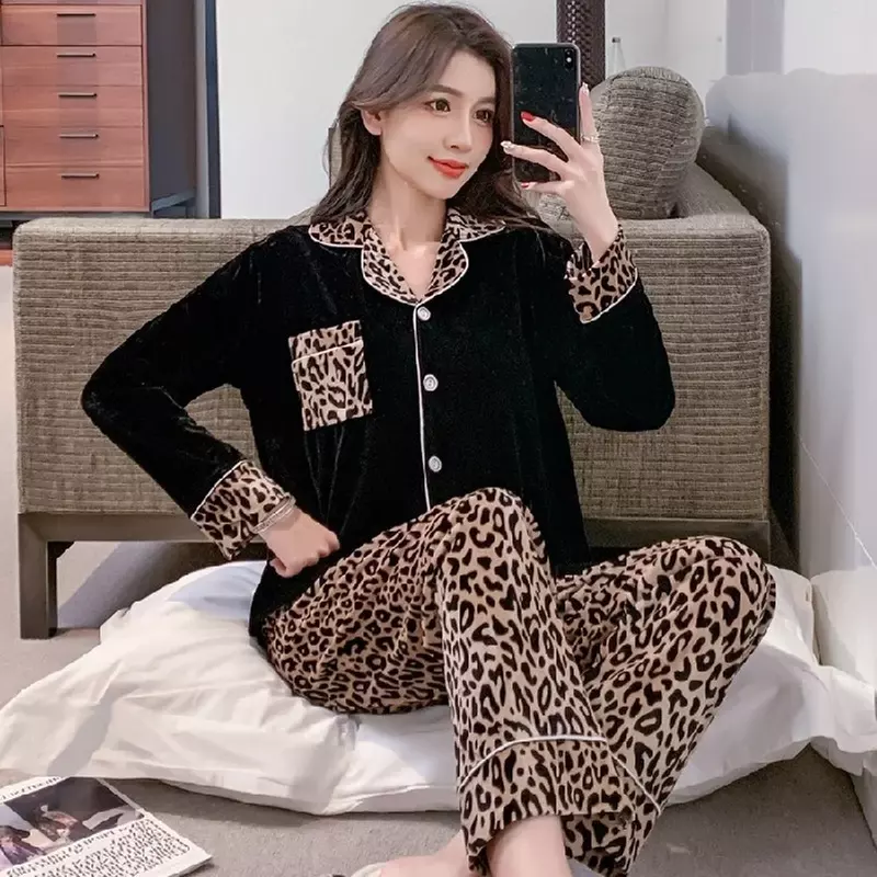 Pijama de terciopelo dorado para mujer, conjunto de pijama de manga larga con estampado de leopardo, cárdigan de primavera e invierno, ropa de dormir de servicio a domicilio