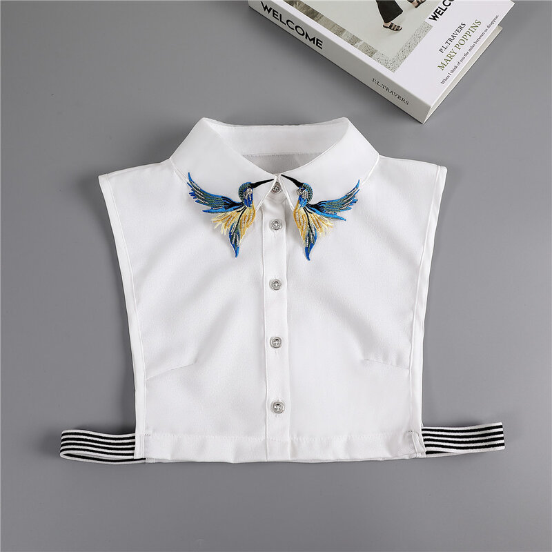 Chemise à motif d'oiseau brodé pour femmes, faux col, pull blanc amovible, col à revers, chemisier, col détachable