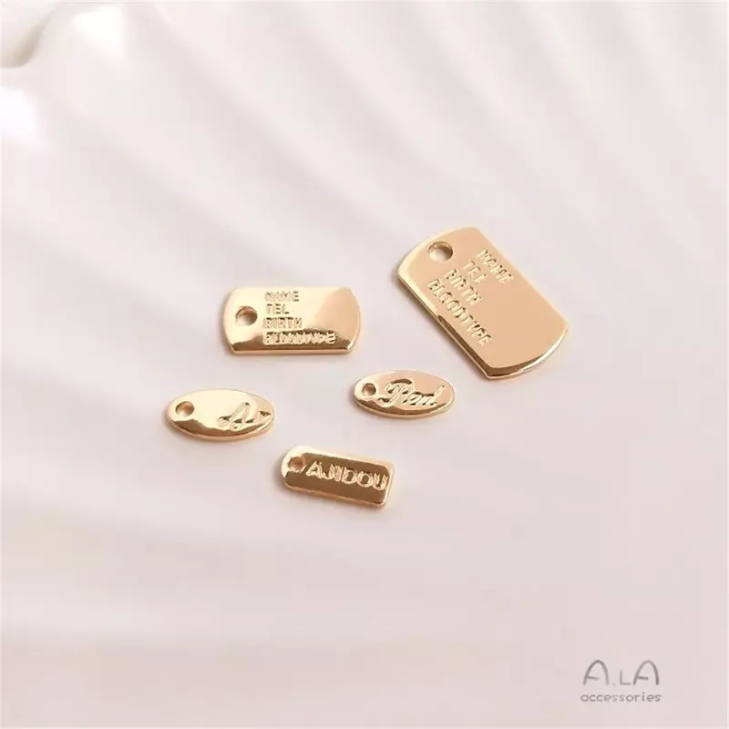 14K Gold Engraved Letter Label Small Hang Tag Rectangular Oval Small Pendant DIY Bracelet Jewelry Pendant D080