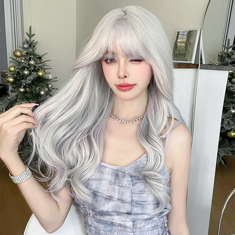 Rambut palsu Lolita 7JHH Wig sintetis tubuh bergelombang Wig abu keperakan dengan poni halus Wig putih berlapis kepadatan tinggi untuk kostum Wig anak perempuan