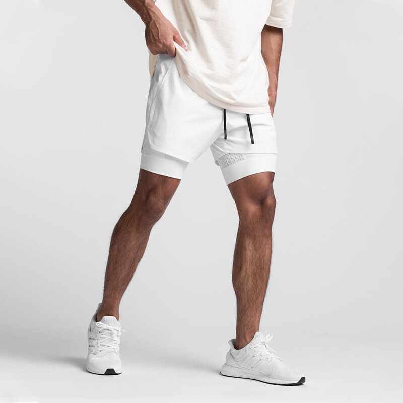 Men's Street Fitness Shorts White Breathable Jogging Double Layered Shorts With Pockets Quick Drying Casual Running Shorts