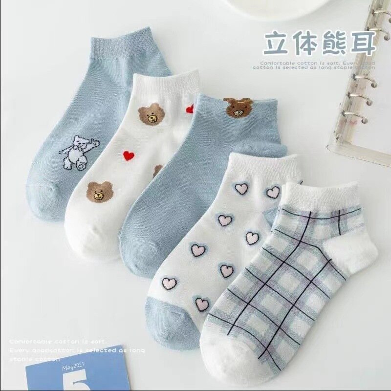 5 pairs of low tube casual women's cute Bear and heart pattern Standard women's breathable new fashion holiday gift socks