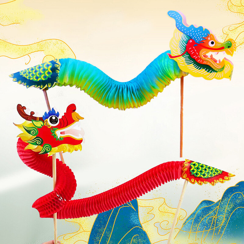 Dekorasi naga Tiongkok, bahan kerajinan naga kertas DIY Dekorasi naga Tiongkok Tari Naga 3D tarik bunga