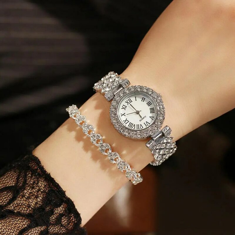 นาฬิกาข้อมือผู้หญิงสายเหล็ก2ชิ้น/เซ็ตหน้าปัดทรงกลมแวววาวนาฬิกาข้อมือควอตซ์ประดับพลอยเทียมนาฬิกาแฟชั่นหรูหรา