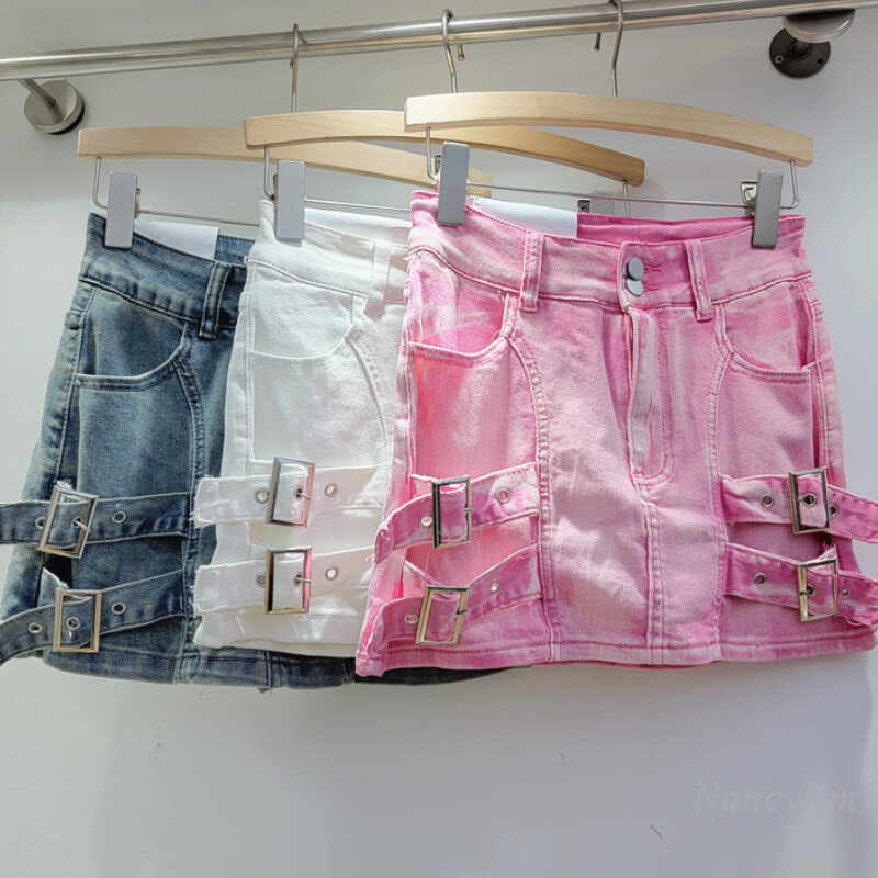 2024 Summer New Style Pink Hot Girl Ribbon Denim Skirt gonne elasticizzate a vita alta da donna