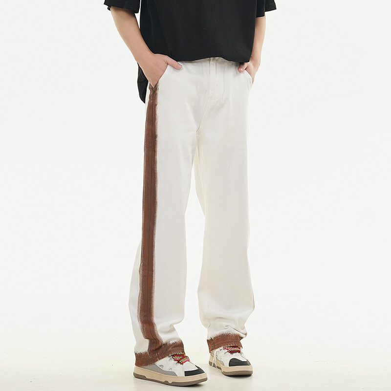 Projekt w paski luźne jeansy męskie luźne proste drapowanie z szerokimi nogawkami modne spodnie typu Casual uliczne z osobowością Hip hopu w stylu Retro