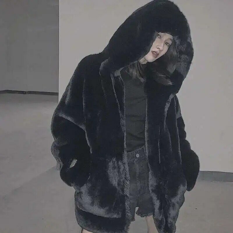 Manteau en velours de vison épaissi coréen pour femmes, vêtements d'hiver, nouvelle veste, version adt 216.239., fourrure de lapin en peluche, manteau de fourrure à capuche