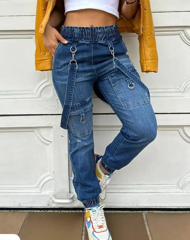Macacão de suspensão jeans feminino, decoração casual do anel-O, design de bolso, primavera, verão, venda quente para mulheres, 2022