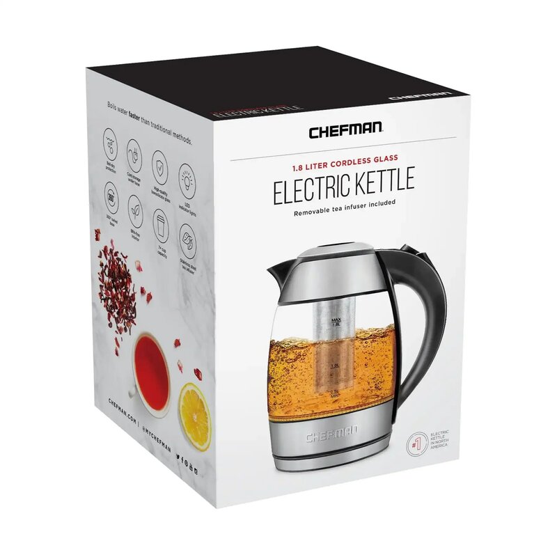 Chefman Fast Boiling 1.8L Electric Glass Kettle, Removable Tea Infuser, Auto Shutoff, LED Lights