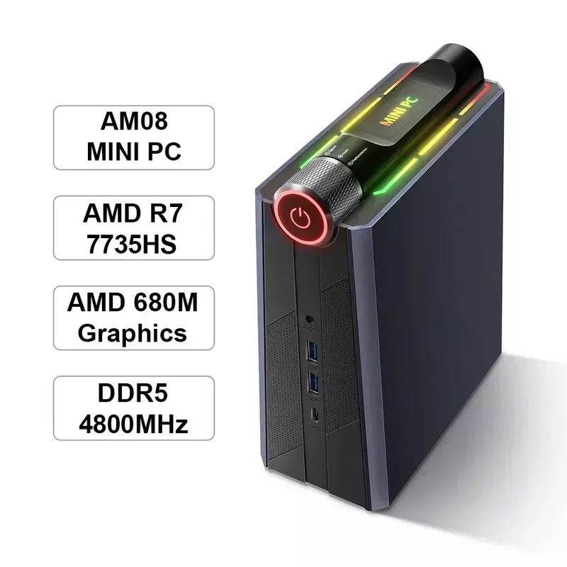 Chatreey AM08 Mini PC AMD Ryzen 7 7735HS 680M 8 Cores Gaming Desktop Colorful Lighting Computer NVME SSD Wifi6 BT 5.0