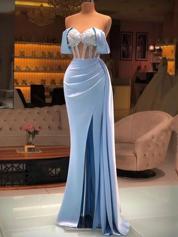 Illusion With Pearls Evening Dresses Sweetheart Sexy Side Slit Trumpet Ball Gowns Off the Shoulder Woman's Formal Party Vestidos