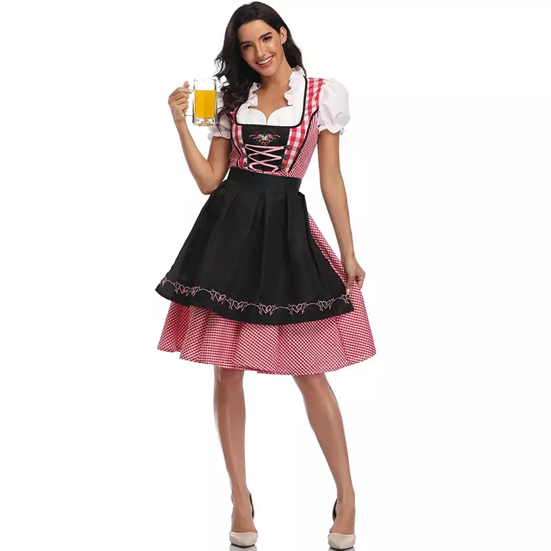 The New Lady Dirndl Oktoberfest Costume Bavarian National Pink Plaid Clubwear Cosplay Carnival Halloween Fancy Party Dress