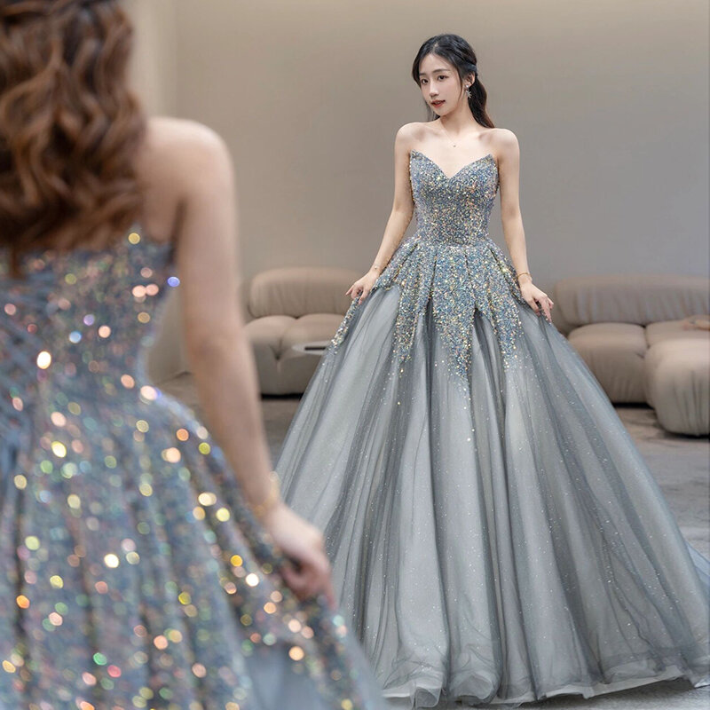 2024 Strapless Quinceanera Dresses Sleeveless Silvery Shiny A-line Luxury Lace Embroidery Vestidos De 15 Anos Party Prom