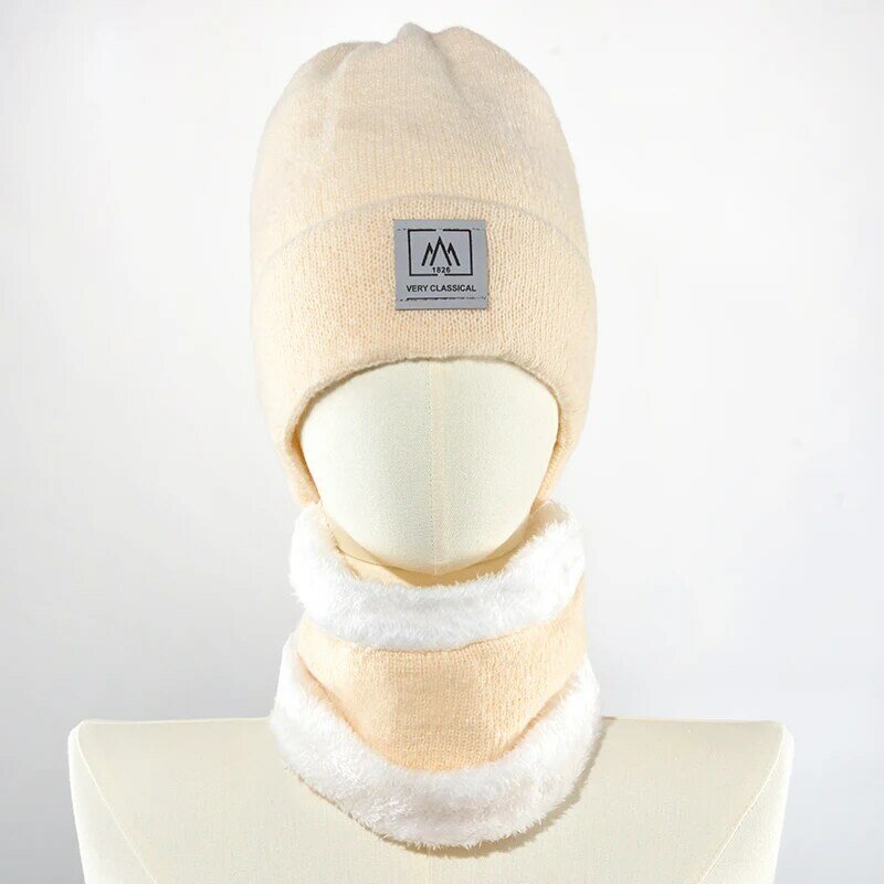 Women Ear Protection Solid Color Beanies Cap Scarf Hat Set Woolen Hat Knitted Fleece Lined Neck Warmer Windproof Thickened