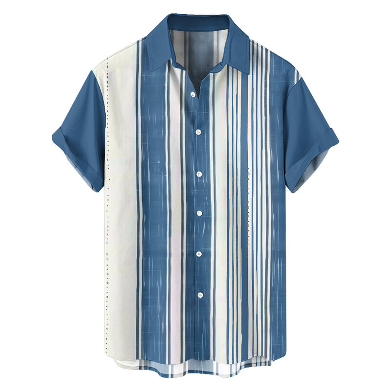Simple denim blue vertical style men's short-sleeved shirt summer vacation loose big size thin shirt top
