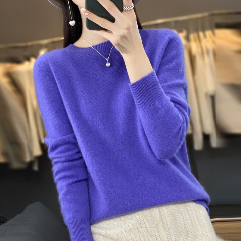 Suéter de Cachemira de lana pura 100% para mujer, jersey de cuello redondo, top de punto informal, abrigo de mujer, moda coreana, Otoño e Invierno