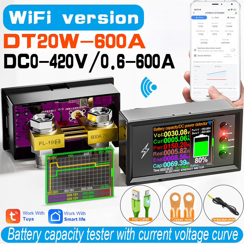 투야 와이파이 스마트 리튬 배터리 용량 감지 테스터, DC 디지털 디스플레이, 전류 전압 쿨롱 전원 계량기, DT20W, DC 0-420V