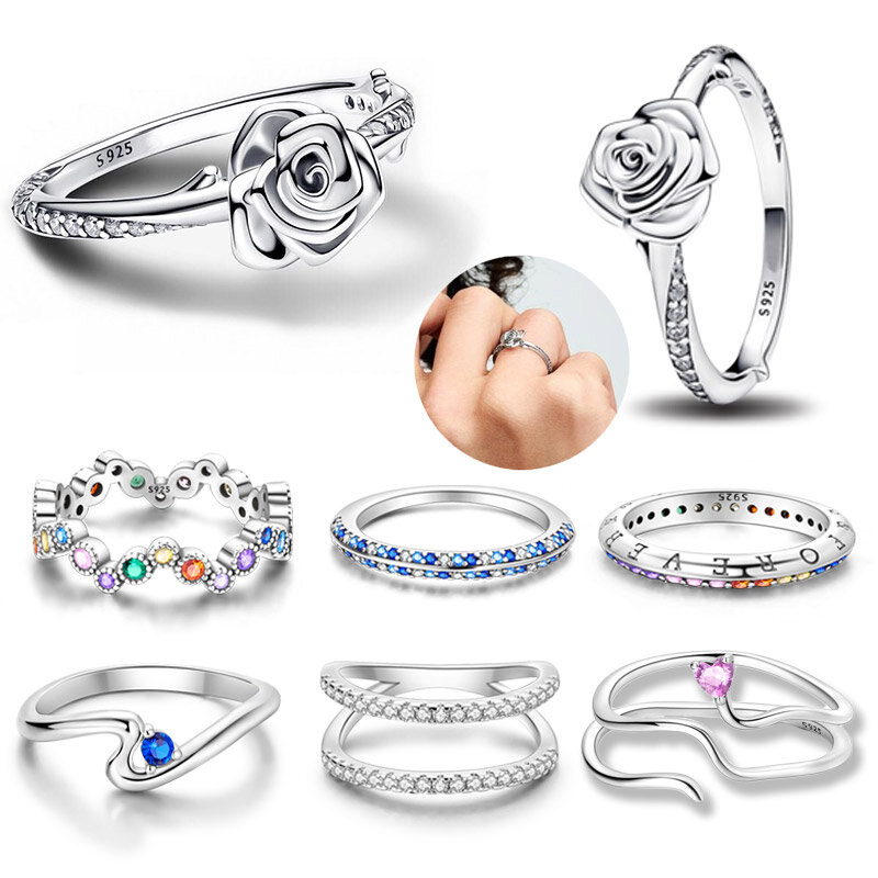 خاتم فضة إسترليني وردي للنساء ، تصميم الزركون ، خواتم متألقة أصلية ، تخفيضات هائلة سهلة الاستخدام ، هدايا مجوهرات المهرجان