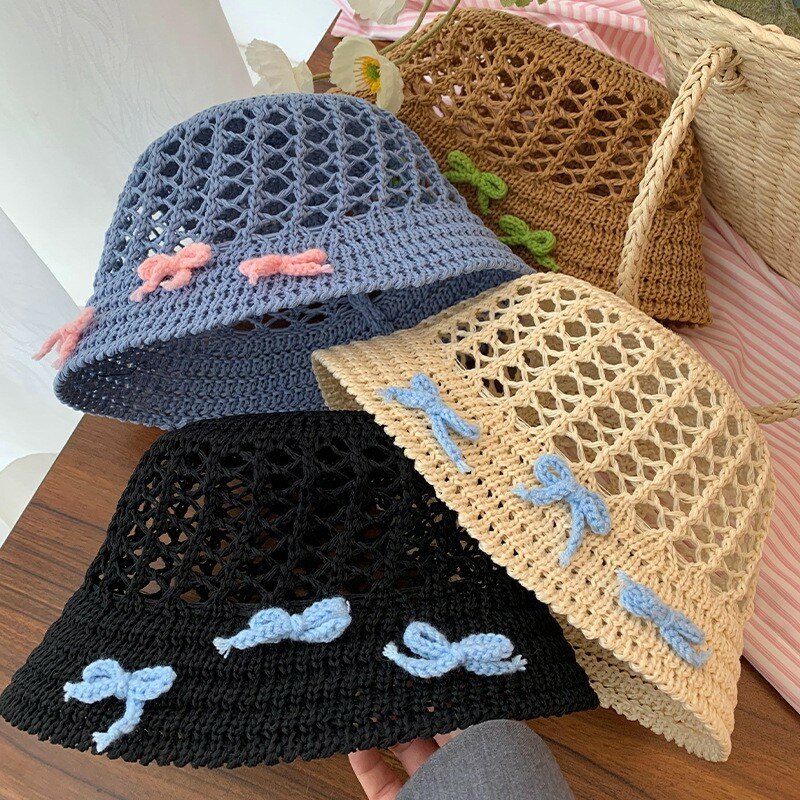 Hollow Out Bow Bucket Hat for Women Girls French Sweet Knit Bowknot Sun Protection Hats Summer Seaside Vacation Beach Basin Cap