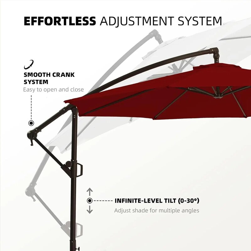 Guarda-chuvas ao ar livre cantilever com inclinação infinita, resistente a desvanecentes, solução impermeável, dossel tingido, base cruzada, Borgonha, 10 pés