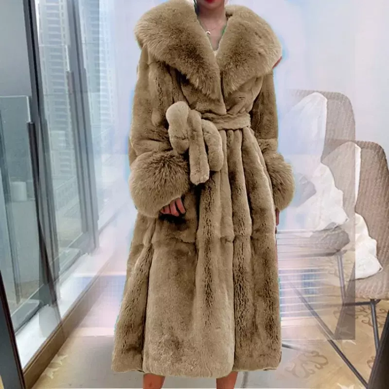Jaket bulu Faux panjang wanita, pakaian luar musim dingin kerah bulu tebal hangat ukuran besar