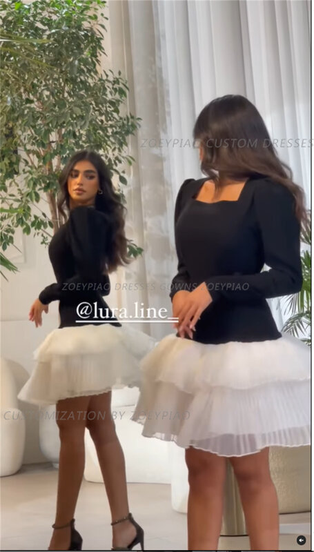Schwarz/weiß kurz gestufte Ballkleider volle Ärmel einfache formelle Abendkleider Organza Hochzeits feier Kleid Vestidos de Gala
