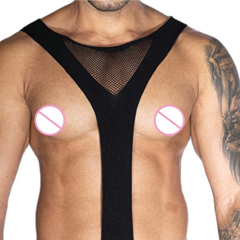 Sexy uomo See Through tuta collant a rete tuta trasparente Catsuits Open-End tentazione uniforme Sissy Lingerie erotica Homme