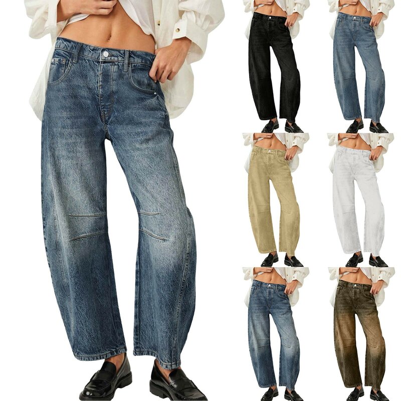 Pantalones vaqueros de tiro medio para mujer, Jeans de pierna ancha, pantalones de mezclilla recortados de cintura media, pantalones holgados para novio con bolsillos, pantalones de mezclilla de cintura alta