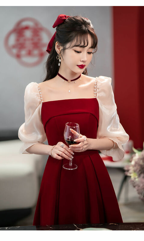 Petite robe de luxe rouge vin, jupe d'été, robe de toast, la mariée peut porter une robe de fiançailles en semaine, 2024