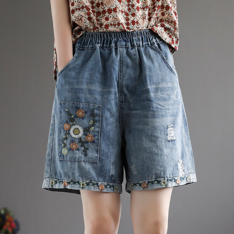 Calção jeans de cintura alta feminina, estilo coreano, clássico, na moda, patchwork, bordado, padrão floral, calças de perna larga, jeans verão, 6167