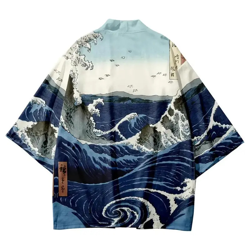 Kimono tradicional con estampado de olas para hombre y mujer, ropa de calle japonesa, cárdigan de playa, camisas Haori informales de Cosplay, Yukata, moda