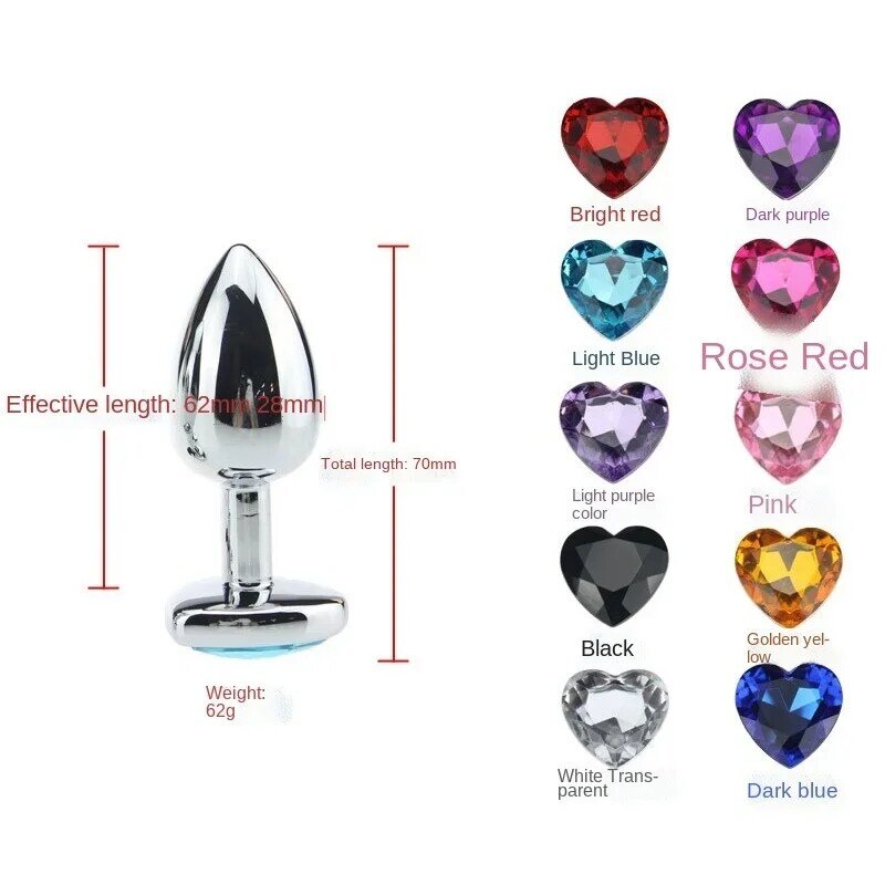 Heart Shaped Crystal Metal Butt Plug, Brinquedos Sexuais Adultos, Contas anais, Aço inoxidável, Contas anais suaves, Jogo de casal